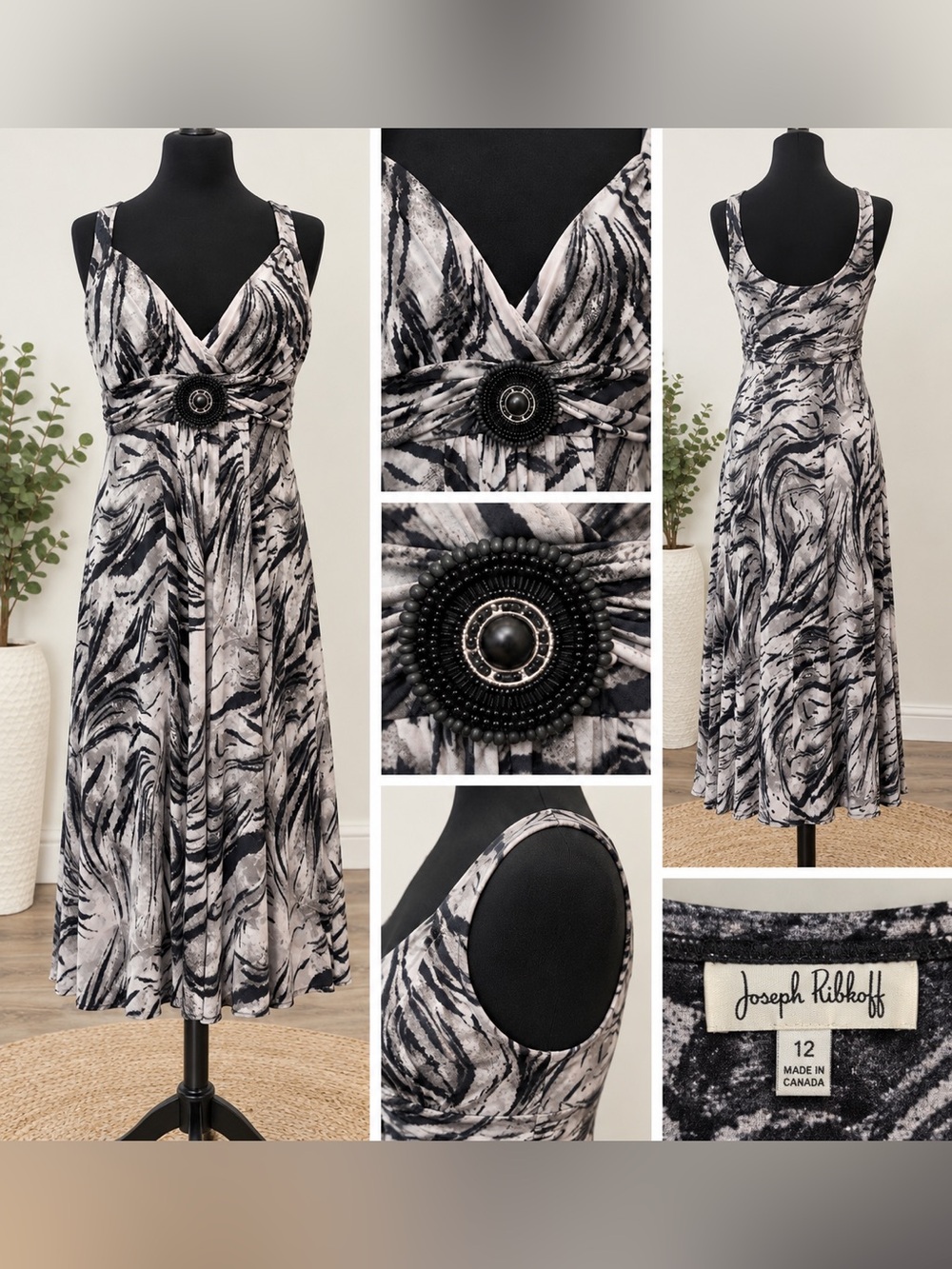 Joseph Ribkoff Black and White Abstract Beaded-Waist Midi Dress